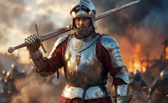 A fully kitted Knight in battle wearing a iron breastplate