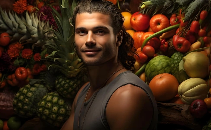 man surrounded by fruits