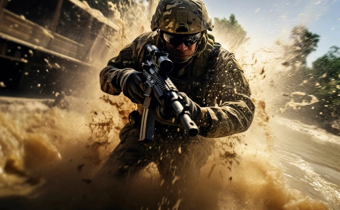 soilder at war with gun