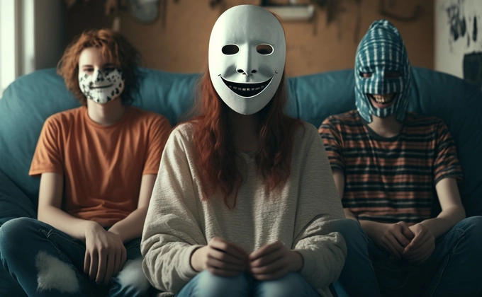 three people behind masks