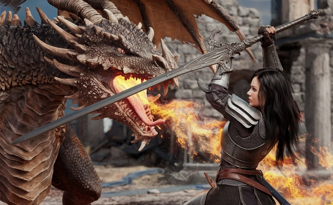 woman fighting dragon