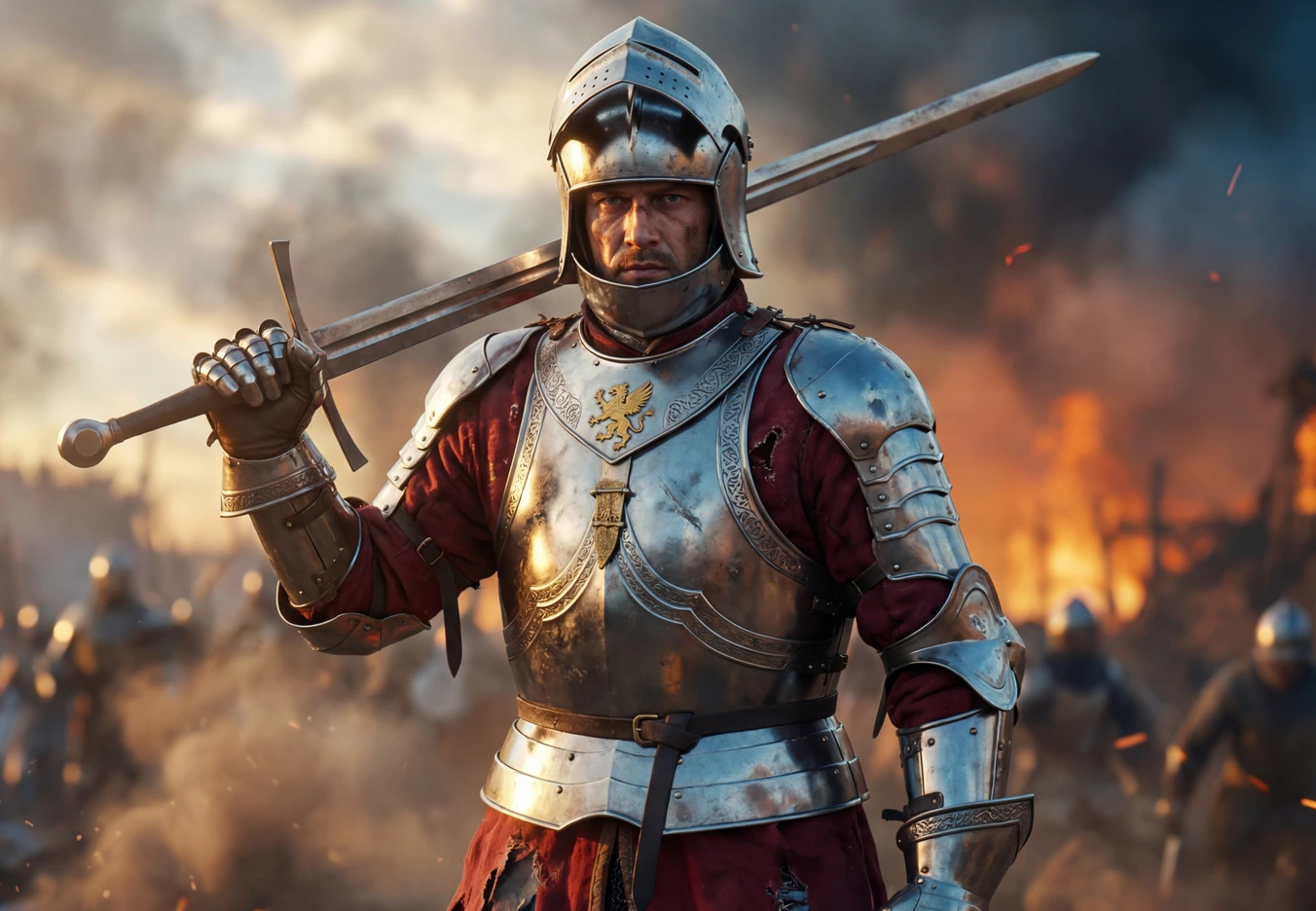 A fully kitted Knight in battle wearing a iron breastplate