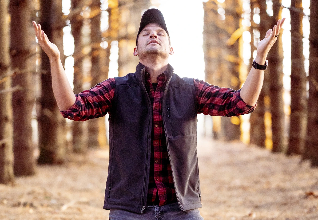 Man with hands up in solemn Praise