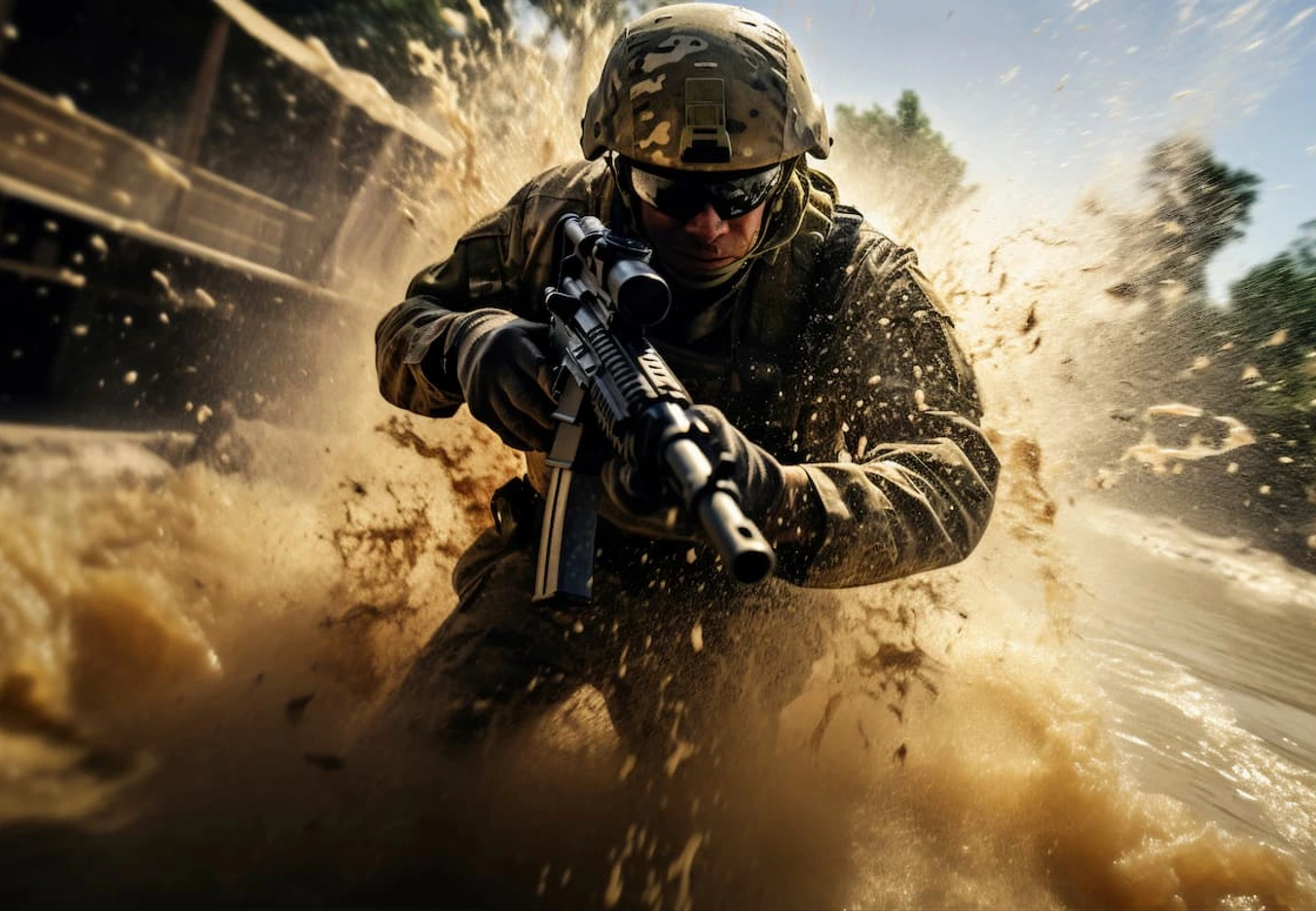 soilder at war with gun