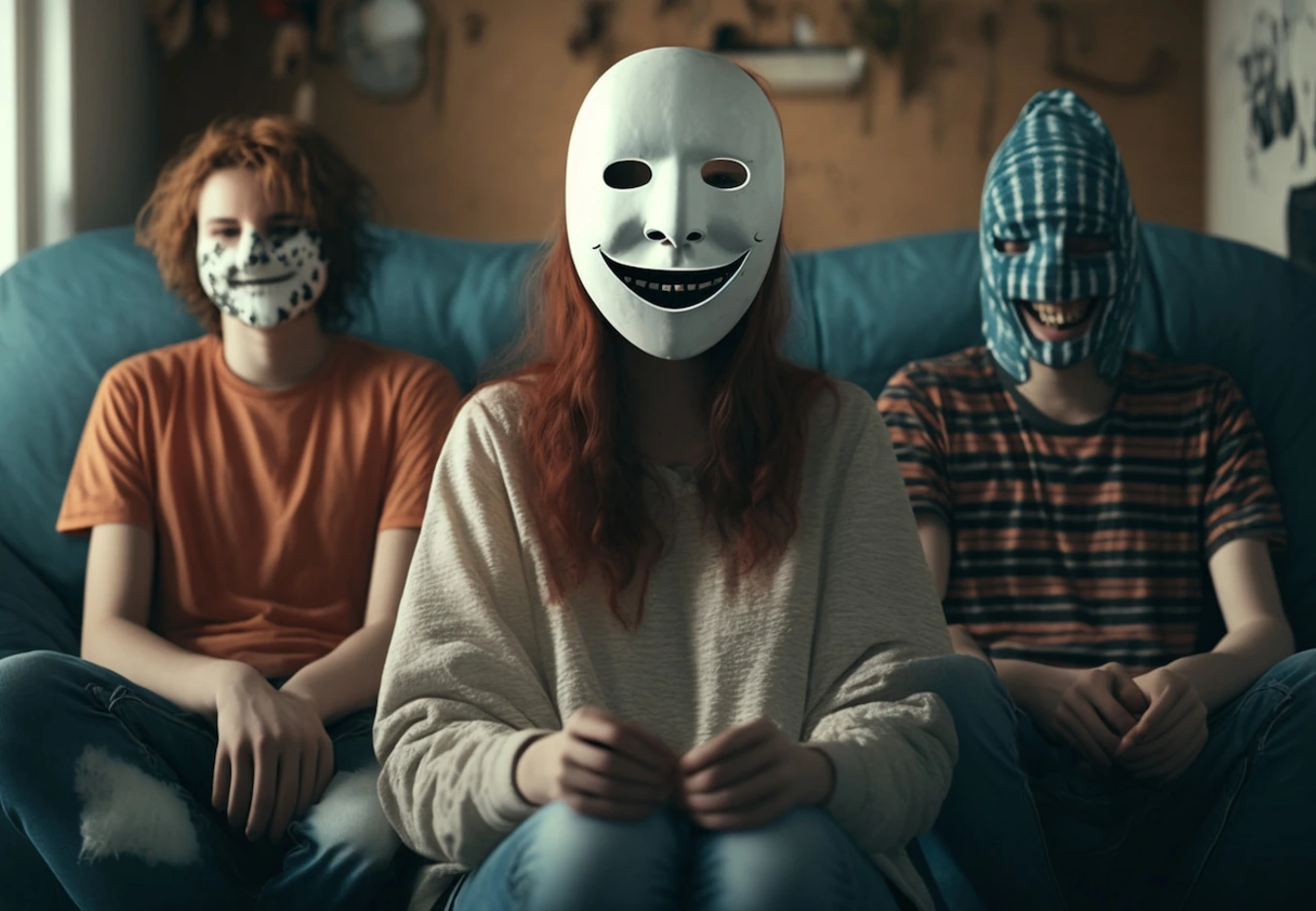 three people behind masks