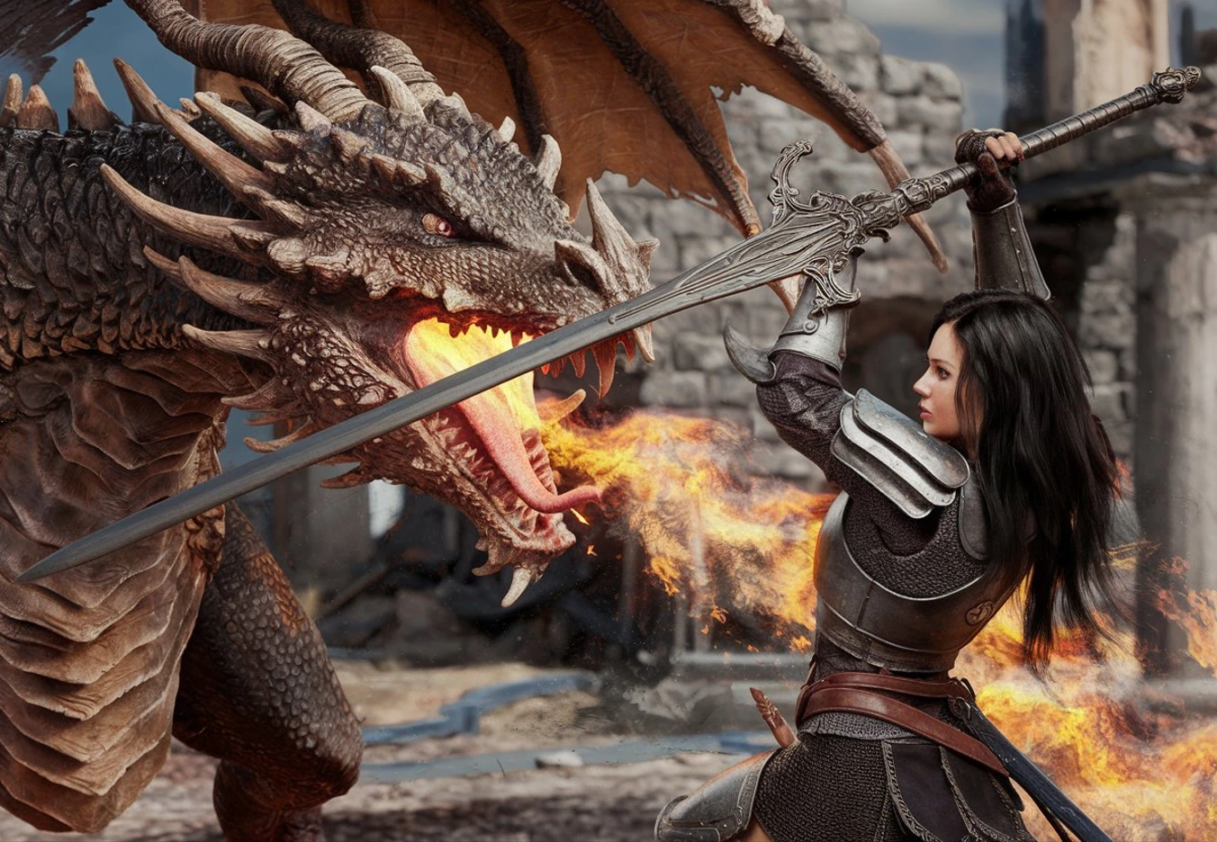 woman fighting dragon