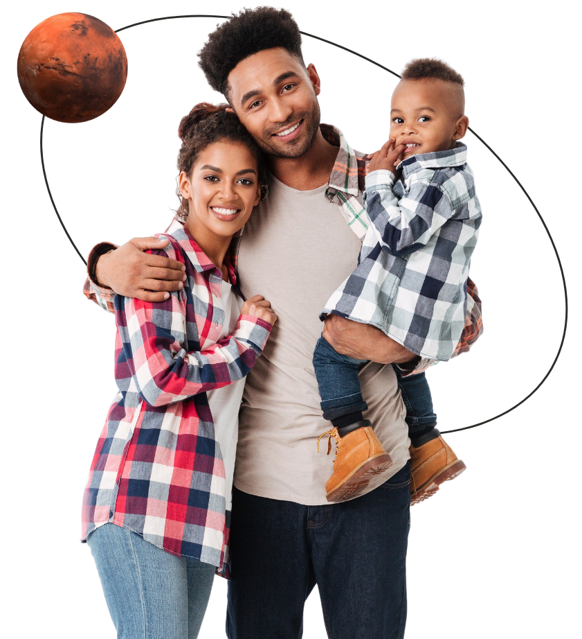 young man and woman with child and planet mars hovering over
