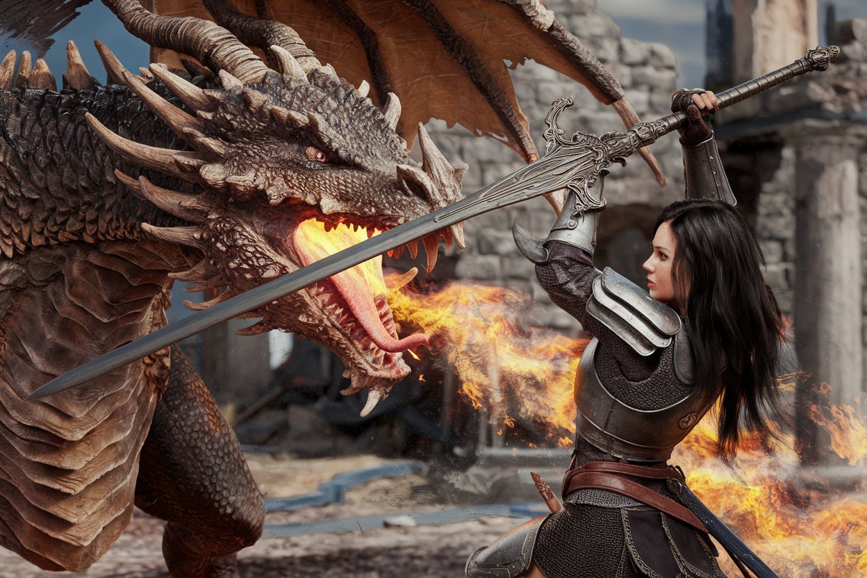 Woman fighting dragon